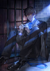 Rule 34 | 1boy, black footwear, black jacket, black pants, blue necktie, brick wall, buried stars, chinese commentary, closed mouth, collared shirt, commentary request, cuffs, formal, glowing, glowing eyes, grey shirt, hair between eyes, handcuffs, highres, jacket, knees up, lee gyu-hyuk, long sleeves, male focus, necktie, pants, prison, shirt, shoes, short hair, sitting, solo, striped clothes, striped shirt, suit, unworn necktie, yusa (yusa0751)