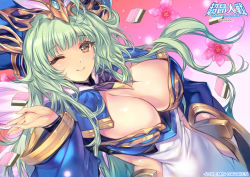 Rule 34 | 1girl, alice soft, breasts, character request, cleavage, escalation heroines, flower, green hair, hat, large breasts, long hair, min-naraken, official art, one eye closed, orange eyes, pink background, wide sleeves