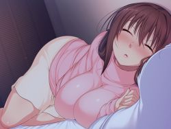 Rule 34 | 1girl, bed, blush, breasts, breasts squeezed together, brown hair, closed eyes, deisui sasereba rakushou sex: oba to itoko hen, female focus, game cg, gradient background, large breasts, legs, long hair, lying, on side, pillow, sawano akira, sian, skirt, sleeping, solo, sweat, sweater, thighs