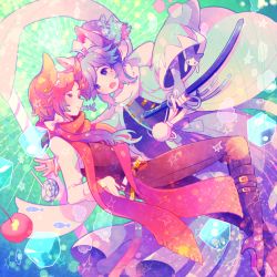 Rule 34 | 10s, 2boys, alternate hair color, animal ears, blue eyes, blue hair, boots, candy, cat, cat ears, cat tail, cherry, fish bone, food, fruit, haori, high heel boots, high heels, ice, ice cube, japanese clothes, kashuu kiyomitsu, kemonomimi mode, knee boots, lollipop, male focus, mole, mole under eye, mouth hold, multiple boys, open mouth, ponytail, red eyes, red hair, scarf, smile, tail, touken ranbu, yamato-no-kami yasusada, zippo (3756c)