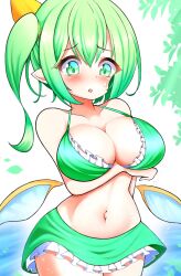 Rule 34 | 1girl, arm under breasts, bikini, blush, breasts, cleavage, commentary, cowboy shot, daiyousei, fairy wings, frilled bikini, frills, green bikini, green eyes, gyuta, highres, large breasts, leaf, navel, one side up, open mouth, outdoors, pointy ears, side ponytail, solo, standing, sweatdrop, swimsuit, touhou, wings