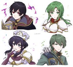 2boys 2girls :d armor arrow_(projectile) asymmetrical_bangs aura black_eyes black_hair book breastplate commentary_request cropped_torso dark_aura fire_emblem fire_emblem:_genealogy_of_the_holy_war fire_emblem:_the_sacred_stones fire_emblem_awakening fire_emblem_heroes gold_trim green_eyes green_hair high_collar highres holding holding_book innes_(fire_emblem) larcei_(fire_emblem) larcei_(scion)_(fire_emblem) looking_at_viewer misato_hao morgan_(fire_emblem) morgan_(male)_(fire_emblem) multiple_boys multiple_girls nintendo official_alternate_costume open_book open_mouth pauldrons red_eyes short_hair shoulder_armor sidelocks simple_background smile vanessa_(fire_emblem) white_background