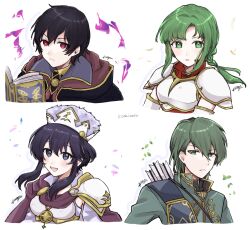 Rule 34 | 2boys, 2girls, :d, armor, arrow (projectile), asymmetrical bangs, aura, black eyes, black hair, book, breastplate, commentary request, cropped torso, dark aura, fire emblem, fire emblem: genealogy of the holy war, fire emblem: the sacred stones, fire emblem awakening, fire emblem heroes, gold trim, green eyes, green hair, high collar, highres, holding, holding book, innes (fire emblem), larcei (fire emblem), larcei (scion) (fire emblem), looking at viewer, misato hao, morgan (fire emblem), morgan (male) (fire emblem), multiple boys, multiple girls, nintendo, official alternate costume, open book, open mouth, pauldrons, red eyes, short hair, shoulder armor, sidelocks, simple background, smile, vanessa (fire emblem), white background