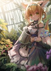 Rule 34 | 1girl, animal ear fluff, animal ears, arknights, bare shoulders, belt pouch, black gloves, blonde hair, blue headband, commentary request, dress, earpiece, fox ears, fox tail, frilled dress, frills, gloves, green eyes, greenhouse, hair between eyes, hair rings, halterneck, headband, highres, holding, id card, infection monitor (arknights), kitsune, kyuubi, leaf, looking at viewer, material growth, multiple tails, off-shoulder dress, off shoulder, oripathy lesion (arknights), plant, pouch, purple dress, single glove, solo, suzuran (arknights), tail, takashima shoa, watering can, wrist cuffs
