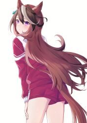 Rule 34 | 1girl, animal ears, blindfold, brown hair, closed mouth, cowboy shot, from behind, highres, horse ears, horse girl, horse tail, jacket, long hair, long sleeves, looking at viewer, looking back, multicolored hair, purin jiisan, purple eyes, red jacket, red shorts, shorts, simple background, solo, streaked hair, symboli rudolf (umamusume), tail, track jacket, umamusume, white background