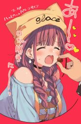 1boy 1girl animal_ear_headwear black_choker blue_shirt blush braid breasts brown_hair chocolate choker closed_eyes commentary_request earrings fake_animal_ears feeding food hat holding holding_chocolate holding_food idolmaster idolmaster_shiny_colors jewelry large_breasts long_hair off-shoulder_shirt off_shoulder open_mouth producer_(idolmaster) red_background shirt shotan simple_background sonoda_chiyoko suspenders sweatdrop translation_request twin_braids yellow_hat