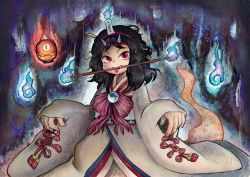 Rule 34 | androgynous, black hair, candle, chikafumikou, fangs, fire, fire, gender request, ghost, ghost tail, hairband, horns, japanese clothes, kimono, lamp, len&#039;en, mouth hold, red eyes, short hair, solo, taira no chouki