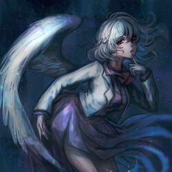 Rule 34 | 1girl, absurdres, bow, bowtie, breasts, collared shirt, cowboy shot, dark background, feathered wings, finger to mouth, from side, grey hair, grey jacket, highres, jacket, kishin sagume, kyogoku-uru, long sleeves, looking at viewer, medium breasts, medium hair, purple shirt, purple skirt, red bow, red bowtie, red eyes, shirt, single wing, skirt, solo, touhou, white wings, wings