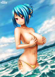 Rule 34 | 1girl, bikini, blue hair, breasts, cloud, covering privates, covering breasts, day, embarrassed, erkaz, highres, large breasts, ocean, original, pink eyes, ponytail, rina atherina, short hair, side-tie bikini bottom, sky, solo, swimsuit, topless, water, wavy mouth, wet