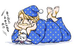 Rule 34 | 1boy, :&lt;, barefoot, black eyes, blonde hair, blue pajamas, creature, crossed legs, echipashiko, facial hair, fat, fat man, fate/grand order, fate (series), fou (fate), goredolf musik, hat, head rest, lying, male focus, mustache, nightcap, on stomach, pajamas, simple background, solid circle eyes, solo, sun print, the pose, unmoving pattern, white background