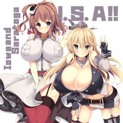 Rule 34 | 10s, 2girls, akikaze tsumuji, blonde hair, blue eyes, breast pocket, breasts, brown hair, character name, cleavage, dress, elbow gloves, fingerless gloves, front-tie top, garter straps, gloves, grey eyes, hair between eyes, huge breasts, impossible clothes, iowa (kancolle), kantai collection, long hair, looking at viewer, magazine (weapon), miniskirt, multiple girls, neckerchief, pocket, ponytail, red legwear, red neckerchief, saratoga (kancolle), side ponytail, skirt, smokestack, star-shaped pupils, star (symbol), striped, symbol-shaped pupils, thighhighs, vertical stripes, white dress