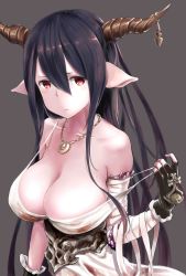 Rule 34 | 10s, 1girl, antenna hair, bandages, black hair, breasts, cleavage, danua, draph, female focus, fingerless gloves, gloves, granblue fantasy, hair between eyes, highres, horn ornament, horns, jewelry, large breasts, long hair, looking at viewer, necklace, pointy ears, red eyes, solo, strap gap, wa (genryusui)