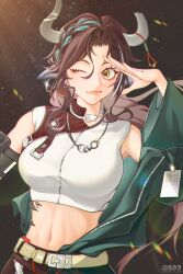 Rule 34 | 1girl, ;), absurdres, arknights, bare shoulders, belt, black background, black hair, breasts, brown eyes, crop top, green jacket, hand up, highres, horns, jacket, large breasts, light particles, long hair, long sleeves, looking at viewer, material growth, midriff, navel, off shoulder, one eye closed, oripathy lesion (arknights), shirt, sleeveless, sleeveless shirt, smile, solo, stomach, upper body, white belt, white shirt, wind chimes (arknights), za bianhuinanxin za