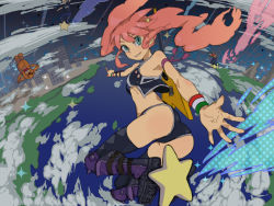 Rule 34 | 1girl, ass, bear, boots, buster-kun, earth (planet), guitar, h (artist), h (milky way), instrument, midriff, pink hair, solo, star (symbol), the pillows, thighhighs, wristband