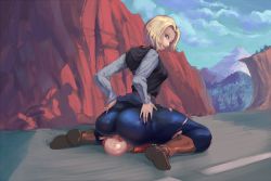 Rule 34 | 1boy, 1girl, android 18, ass, bald, belt, blonde hair, blue eyes, boots, breasts, cloud, commission, cutesexyrobutts, denim, dragon ball, dragonball z, face in crotch, hands on own hips, hetero, huge ass, jeans, kneeling, kuririn, looking back, looking down, pants, pantyhose, road, short hair, sitting, sitting on face, sitting on person, sky, smile, thick thighs, thighs, torn clothes, torn jeans, torn legwear, torn pants, wide hips
