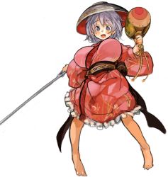 Rule 34 | 1girl, alternate breast size, barefoot, blue eyes, bowl, breasts, dress, female focus, frills, full body, japanese clothes, large breasts, light purple hair, long sleeves, looking at viewer, md5 mismatch, miracle mallet, needle, obi, object on head, open mouth, perky breasts, red dress, resized, ribbon, sachito, sash, smile, solo, sukuna shinmyoumaru, touhou, wide sleeves
