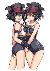 Rule 34 | 10s, 2girls, asymmetrical hair, black hair, brown eyes, framed breasts, gloves, hair between eyes, hat, headphones, highres, i-13 (kancolle), i-14 (kancolle), kantai collection, looking at viewer, mcan, multiple girls, neckerchief, open mouth, partially fingerless gloves, reversed, sailor collar, school swimsuit, short hair, siblings, simple background, single glove, sisters, swimsuit, thighs, white background