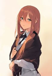 Rule 34 | 1girl, black ribbon, blush, brown hair, collared shirt, commentary request, dress shirt, duoyuanjun, expressionless, eyebrows, girls&#039; frontline, gradient background, green eyes, hair between eyes, hair ornament, hair scrunchie, hand on own chest, head tilt, long hair, long sleeves, looking at viewer, neck ribbon, open mouth, parted lips, personification, ribbon, scrunchie, shawl, shirt, simple background, solo, springfield (girls&#039; frontline), upper body, very long hair, white shirt, wing collar