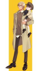 Rule 34 | 2boys, amuro tooru, black-framed eyewear, blonde hair, blue eyes, blush, brown coat, brown footwear, brown hair, brown headwear, brown legwear, brown pants, brown shirt, brown shorts, carrying, child, closed mouth, coat, collared shirt, commentary request, cross, cross necklace, edogawa conan, full body, glasses, hand in pocket, hand up, hat, highres, holding, holding stuffed toy, jewelry, k (gear labo), kneehighs, looking to the side, male focus, meitantei conan, multiple boys, necklace, open clothes, open coat, open mouth, pants, plaid headwear, shirt, shoes, short hair, shorts, socks, standing, stuffed animal, stuffed cat, stuffed toy, two-tone background, untucked shirt, white background, white legwear, white shirt, yellow background