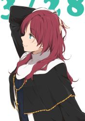 Rule 34 | 1girl, arm up, black dress, blush, cape, cross, dress, from side, green eyes, haine, hand on own head, highres, long hair, long sleeves, looking afar, looking away, original, red hair, sidelocks, simple background, smile, solo, white background