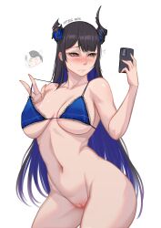 Rule 34 | 1girl, absurdres, artist name, asymmetrical horns, bikini, bikini top only, black hair, blue bikini, blue hair, blush, bottomless, breasts, cellphone, cleft of venus, collarbone, colored inner hair, commentary, contrapposto, demon horns, english commentary, highres, holding, holding phone, hololive, hololive english, horns, large breasts, long hair, mole, mole on pussy, mole under eye, multicolored hair, myth1carts, navel, nerissa ravencroft, phone, pussy, red eyes, shiori novella, signature, simple background, smartphone, solo, stomach, strap lift, swimsuit, uneven horns, very long hair, virtual youtuber, white background