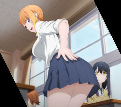 Rule 34 | 2girls, anime screenshot, ass, black hair, blue skirt, breasts, from behind, hair between eyes, hand on own hip, highres, indoors, large breasts, long hair, looking at another, looking at viewer, looking back, mieruko-chan, multiple girls, necktie, open mouth, orange hair, pleated skirt, red eyes, school uniform, screencap, shirt, short hair, sidelocks, skirt, stitched, sweater, thighs, third-party edit, underboob, white shirt, window, yellow eyes, yellow sweater, yotsuya miko, yurikawa hana