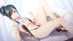 Rule 34 | 1girl, black hair, black one-piece swimsuit, breasts, closed mouth, cocktail glass, cup, drinking glass, food, from side, fruit, glass, green eyes, hair bun, large breasts, lime (fruit), lime slice, long hair, mole, mole under eye, navel, nyangoro, one-piece swimsuit, original, sidelocks, single hair bun, sitting, slingshot swimsuit, solo, swimsuit