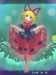 Rule 34 | 1girl, barefoot, blonde hair, blue eyes, bow, crazy eyes, dated, flower, full body, hair bow, highres, letterboxed, lily of the valley, medicine melancholy, namauni, open mouth, puffy short sleeves, puffy sleeves, puppet strings, revision, shirt, short sleeves, skirt, skirt hold, smile, solo, string, touhou, wings