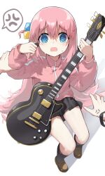 Rule 34 | 1girl, @ @, absurdres, black socks, blue eyes, bocchi the rock!, brown footwear, cube hair ornament, electric guitar, gibson les paul, gotoh hitori, grey skirt, guitar, hair between eyes, hair ornament, highres, holding, holding instrument, holding plectrum, instrument, jacket, loafers, long hair, one side up, open mouth, pink hair, pink jacket, pleated skirt, plectrum, sentter, shoes, simple background, skirt, socks, sweat, track jacket, white background