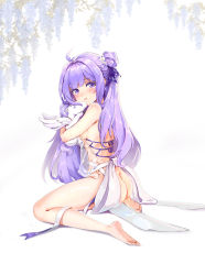 Rule 34 | 1girl, absurdres, ahoge, ass, azur lane, bare legs, bare shoulders, blush, breasts, commentary request, hugging doll, feet, flower, hair bun, hair flower, hair ornament, hair ribbon, highres, long hair, looking at viewer, hugging object, one side up, open mouth, parted lips, purple eyes, purple hair, purple ribbon, ribbon, side bun, sideboob, sidelocks, single hair bun, single side bun, sitting, soles, solo, stuffed animal, stuffed pegasus, stuffed toy, stuffed unicorn, stuffed winged unicorn, tears, theleopardcat, toes, unicorn (azur lane), wariza