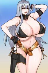 Rule 34 | 1girl, arm up, armpits, belt, bikini, black bikini, black gloves, blue background, breasts, female focus, gloves, gradient background, grey hair, grin, highres, holding, holding weapon, huge breasts, legs, lips, long hair, looking at viewer, red eyes, selvaria bles, senjou no valkyria, senjou no valkyria (series), senjou no valkyria 1, shiny skin, side-tie bikini bottom, sidelocks, smile, solo, strongmoist, swimsuit, teeth, thick thighs, thighs, underboob, weapon, wide hips