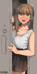 Rule 34 | 1boy, 1girl, artist logo, artist name, bare shoulders, black skirt, blush, breasts, brown hair, cleavage, collarbone, ergot, fubuki (kancolle), full-face blush, green eyes, green nails, hair between eyes, highres, implied after sex, jewelry, kantai collection, looking at viewer, medium breasts, medium hair, messy hair, nail polish, open mouth, opening door, partially unbuttoned, pleated skirt, ring, shirt, sidelocks, skirt, sleeveless, solo focus, standing, suggestive fluid, tank top, teeth, wedding ring, white shirt, wide-eyed