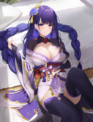 Rule 34 | 1girl, bed, blunt bangs, braid, breasts, bridal gauntlets, cleavage, feet out of frame, genshin impact, hair ornament, highres, japanese clothes, kimono, large breasts, long hair, long sleeves, looking at viewer, low-braided long hair, low-tied long hair, mole, mole under eye, obi, obiage, obijime, purple eyes, purple hair, purple kimono, purple thighhighs, qing wu, raiden shogun, sash, sitting, thighhighs, thighs, very long hair