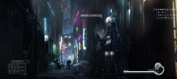 Rule 34 | 1girl, 3others, absurdres, alley, asteroid ill, bad id, bad twitter id, black footwear, black jacket, black shorts, black thighhighs, boots, building, cityscape, commentary, cyberpunk, dark, fake screenshot, green eyes, heads-up display, highres, holding, holding phone, iz (asteroid ill), jacket, lights, long hair, long sleeves, multiple others, neon lights, night, open clothes, open jacket, original, outdoors, phone, scenery, shirt, shorts, skyscraper, sleeves past wrists, solo focus, speech bubble, standing, thighhighs, translation request, very long hair, white hair, white shirt, wide shot, window