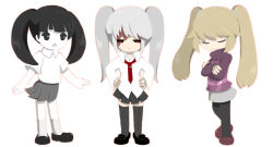 Rule 34 | .flow, 3girls, alternate hairstyle, black eyes, black footwear, black hair, black pantyhose, black skirt, black thighhighs, blonde hair, closed mouth, collared shirt, colored skin, crossed arms, frown, grey skirt, hands on own hips, jitome, kaibutsu, looking at viewer, monoko, multiple girls, necktie, outline, pantyhose, plaid, plaid sweater, pleated skirt, purple sweater, red eyes, red footwear, red necktie, red outline, regurusu (nagarevosi), scar, scar on face, shirt, sidelocks, simple background, skirt, smile, socks, sweater, thighhighs, triangle mouth, twintails, urotsuki, white background, white hair, white shirt, white skin, white socks, yume 2kki, yume nikki
