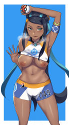 Rule 34 | 1girl, :p, arm up, armpits, bike shorts, black hair, blush, breasts, breath, cameltoe, clothes lift, creatures (company), dark-skinned female, dark skin, devilukez, earrings, game freak, gym leader, highres, holding, holding poke ball, hoop earrings, jewelry, lifted by self, long hair, medium breasts, multicolored hair, navel, necklace, nessa (pokemon), nintendo, nipples, poke ball, pokemon, pokemon swsh, shirt lift, solo, sportswear, steam, tank top, tongue, tongue out, two-tone hair