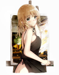 Rule 34 | 1girl, apron, ass, black apron, brown hair, from side, green eyes, highres, holding, holding paintbrush, long hair, looking at viewer, looking back, naked apron, niii (memstapak), original, paint, paintbrush, simple background, smile, solo, tears, white background