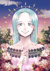 Rule 34 | 1girl, blue hair, brown eyes, close-up, commentary request, dress, earrings, flower, forehead, highres, jewelry, long hair, looking at viewer, mnya op, nefertari vivi, one piece, plant, rose, sky, smile, solo, strapless, strapless dress, upper body