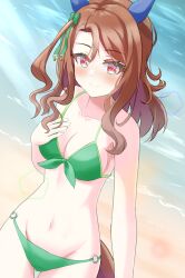 Rule 34 | 1girl, absurdres, animal ears, beach, blush, breasts, cleavage, closed mouth, commentary request, groin, hair ornament, highres, horse ears, king halo (umamusume), long hair, looking at viewer, medium breasts, nagonago10, navel, red eyes, ribbon, smile, solo, swimsuit, umamusume