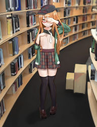 Rule 34 | 1girl, absurdres, arm up, artist request, black shirt, black thighhighs, blush, book, bookshelf, brown footwear, clothes lift, exhibitionism, female focus, flat chest, full body, glasses, green jacket, hand on own chest, hand up, hat, highres, indoors, jacket, jaggy lines, kantai collection, knees together feet apart, library, lifting own clothes, long hair, long sleeves, looking at viewer, matching hair/eyes, mochizuki (kancolle), necktie, nose blush, orange eyes, orange hair, plaid, plaid skirt, pleated skirt, public indecency, red-framed eyewear, salute, shirt, shirt lift, shoes, skirt, smile, solo, standing, thighhighs, white necktie, zettai ryouiki