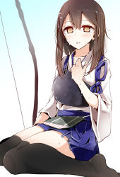 Rule 34 | 10s, 1girl, archery, bad id, bad pixiv id, black thighhighs, blush, breasts, brown eyes, brown hair, highres, japanese clothes, kaga (kancolle), kantai collection, knees together feet apart, kyuudou, long hair, muneate, oouso, open mouth, personification, short hair, side ponytail, sitting, skirt, solo, sweat, thighhighs, wariza