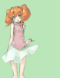 Rule 34 | 1girl, :d, abara heiki, absurdres, blush, flat chest, green background, green eyes, highres, holding, junmai karin, long hair, looking at viewer, medarot, open mouth, orange hair, red hair, shirt, simple background, skirt, sleeveless, sleeveless shirt, smile, solo, standing, turtleneck, twintails, watch, wristwatch