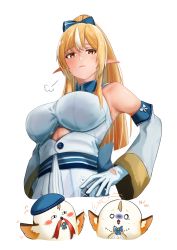 Rule 34 | 1girl, puff of air, absurdres, bare shoulders, bird, blonde hair, blue ribbon, blush, blush stickers, breasts, cleavage, closed mouth, dark-skinned female, dark skin, detached sleeves, dress, elf, elfriend (shiranui flare), exit016, gloves, hair ribbon, hands on own hips, highres, hololive, large breasts, long hair, long sleeves, multicolored hair, pointy ears, ponytail, red eyes, red ribbon, ribbon, shiranui flare, shiranui flare (1st costume), simple background, sleeveless, sleeveless dress, solo, streaked hair, virtual youtuber, white background, white dress, white gloves, white hair