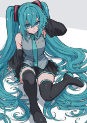 Rule 34 | 1girl, absurdres, black footwear, black skirt, blue eyes, blue hair, blue nails, blue necktie, boots, detached sleeves, from above, hair ornament, hand in own hair, hatsune miku, highres, itou (very ito), long hair, looking at viewer, nail polish, necktie, pleated skirt, sitting, skindentation, skirt, solo, thigh boots, thighhighs, twintails, very long hair, vocaloid, zettai ryouiki
