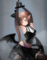 Rule 34 | 1girl, armpits, arms up, bdsm, black bow, black skirt, black thighhighs, black wings, bondage, bound, bow, breasts, broken leg, brown eyes, brown hair, collar, demon girl, elbow gloves, fishnet fabric, gloves, grey background, hair bow, horns, long hair, looking at viewer, midriff, navel, original, pointy ears, pubic tattoo, restrained, skirt, small breasts, solo, tattoo, thighhighs, very long hair, wings