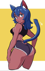 Rule 34 | 1girl, amazu (kurozu), animal ears, aoi (amazu), ass, bare arms, bare shoulders, blue eyes, blue hair, blush, breasts, cat ears, cat girl, cat tail, clothing cutout, crop top, cropped legs, curvy, dark-skinned female, dark skin, grey shorts, hair between eyes, highres, looking at viewer, looking back, medium breasts, open mouth, original, short eyebrows, shorts, solo, tail, tail through clothes, thick eyebrows, two-tone background, v-shaped eyebrows, white background, wide hips, yellow background