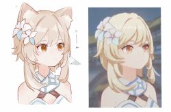 Rule 34 | 1girl, 34twin22, animal ear fluff, animal ears, blonde hair, border, cat ears, cropped shoulders, dress, expressionless, feather hair ornament, feathers, flower, game screenshot, genshin impact, hair flower, hair ornament, highres, kemonomimi mode, lily (flower), looking to the side, lumine (genshin impact), reference inset, scarf, short hair with long locks, sidelocks, white border, white dress, white flower, white scarf, yellow eyes