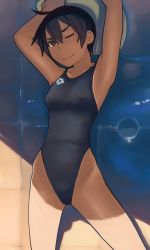 Rule 34 | 1girl, arena (company), armpits, arms up, black eyes, black hair, blush, breasts, competition swimsuit, covered erect nipples, highres, lvi, medium breasts, one-piece swimsuit, one eye closed, original, short hair, swimsuit, tan, tanline, wink