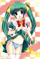 Rule 34 | 1girl, :o, absurdres, blue eyes, blue striped panties, blush, bow, checkered background, clothes lift, dress, dress lift, garter straps, green hair, groin, highres, long hair, looking at viewer, melon-chan, melonbooks, mizuhara yuu, navel, panties, scan, side-tie panties, solo, striped clothes, striped panties, thighhighs, twintails, underwear, white thighhighs, wrist cuffs, yellow bow