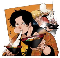 Rule 34 | black hair, blonde hair, brothers, eating, food, freckles, glasses, hat, holding, koby (one piece), looking at viewer, m61517138, male focus, monkey d. luffy, multiple boys, one piece, open mouth, patterned hair, pink hair, portgas d. ace, sabo (one piece), siblings, smile, straw hat